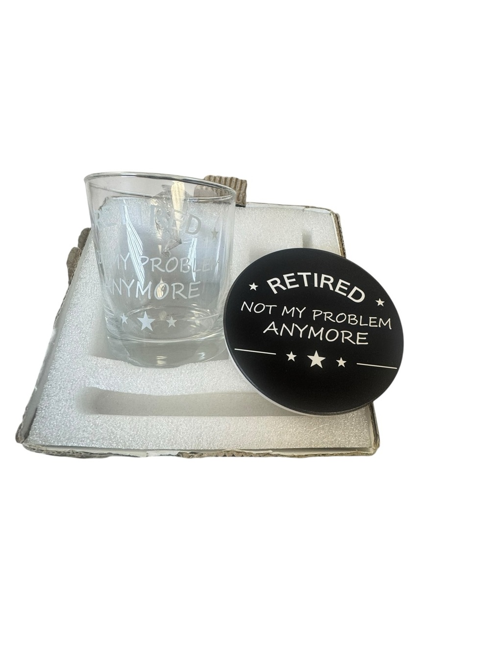Retired "Not My Problem Anymore" Whiskey Glass and Coaster gift set